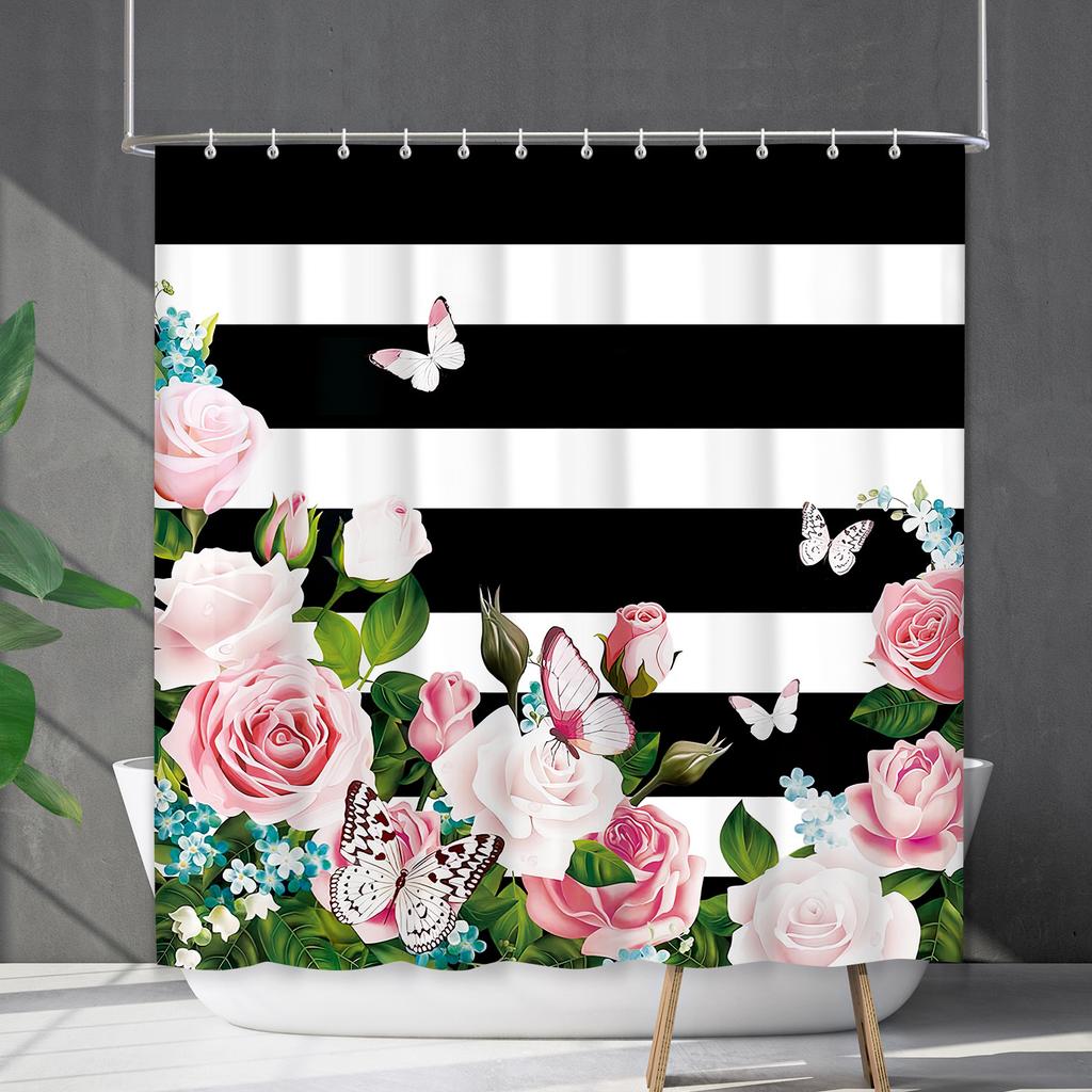 Shower Curtain Waterproof and Mildew-proof Digital Printing Horizontal Strip Plant Flower Printing Shower Curtain Partition Curtain Free Punching