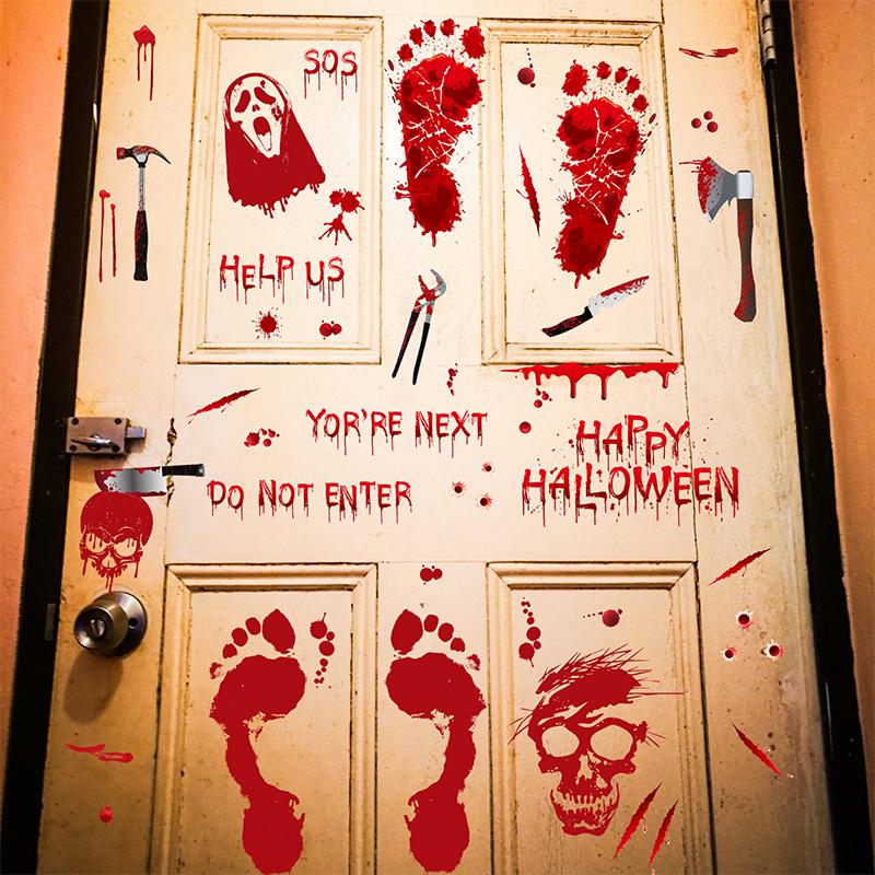 Halloween Bloody Handprint & Footprint Stickers with Axe & Skull Props - Festive Decor