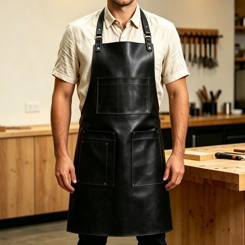 Unisex PU Leather Work Apron Waterproof Durable Multi Pocket Coffee Shop Kitchen