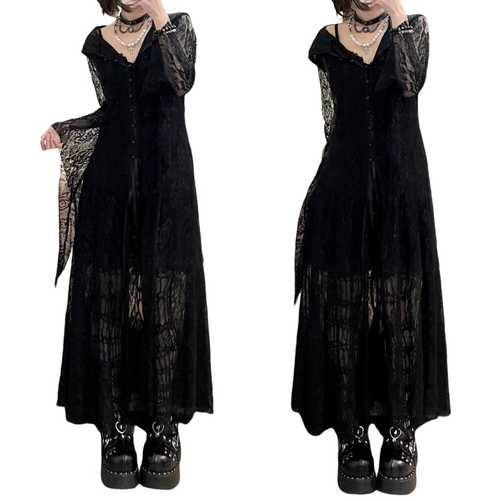 Damen Renaissance Gotisches Spitzen Kapuzen Maxikleid Langes Kleid Mit Glockenärmeln Für Halloween Kostüm