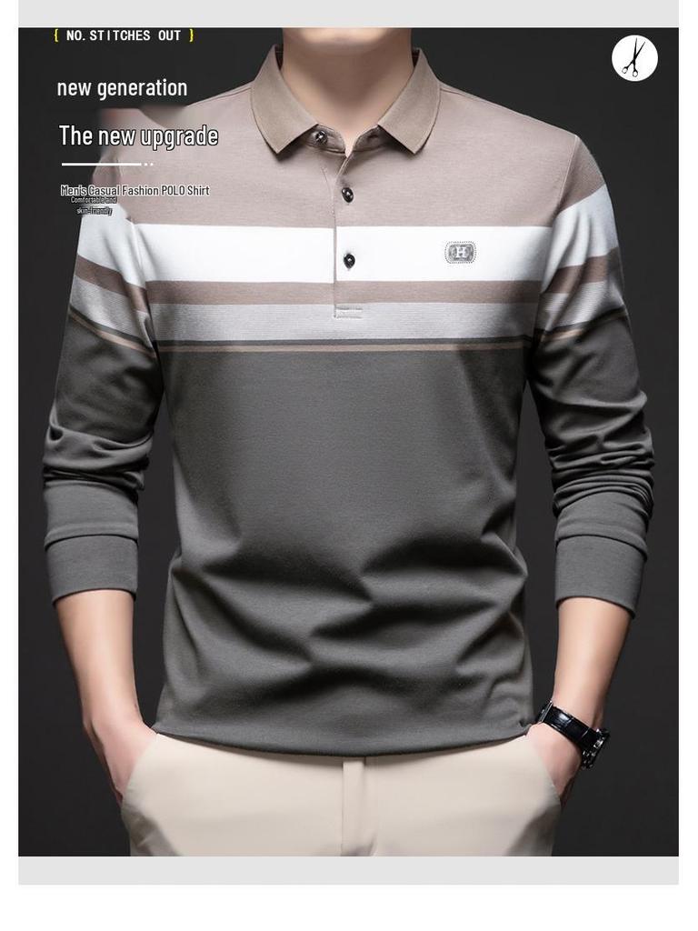 Men's Premium Striped Long-Sleeve Polo Shirt - Pure Cotton, High-End Business Wear