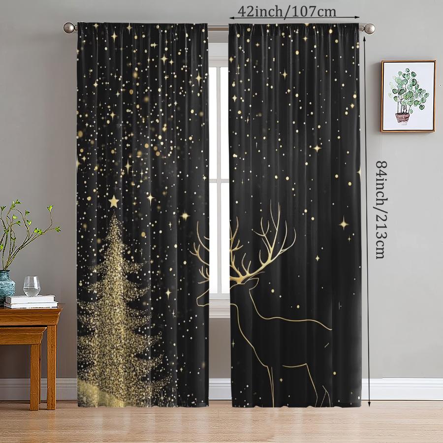 Golden Christmas Tree Elk Print Curtains Pole Bag Decorations Home Room Curtain Polyester