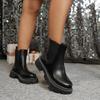 Casual Solid Black Pu Chelsea Boots Women 2025 Winter Round Toe Thick Bottom Low Heel Ankle Boots Motorcycle Shoes Women