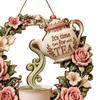 Yard Art Sculptures It's Time for Tea Door Sign, Metal Floral Wreath Hanger with Teapot Teacup Design, Windowsill Rustic Wall Decor Kitchen
