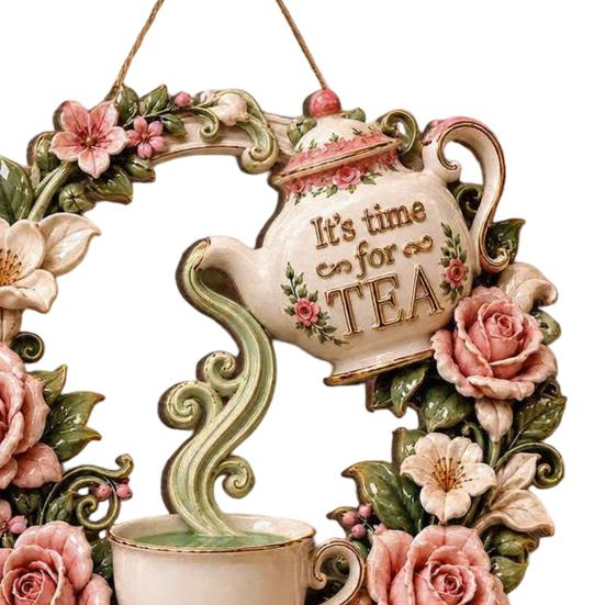 Yard Art Sculptures It's Time for Tea Door Sign, Metal Floral Wreath Hanger with Teapot Teacup Design, Windowsill Rustic Wall Decor Kitchen
