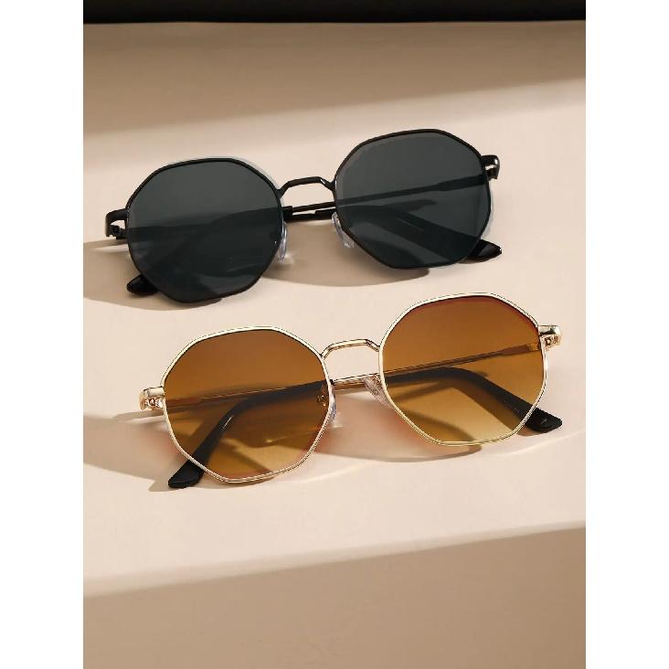 2 Pcs Metal Geometric&Round Frame Fashion Classical Sunglasses For Vacation Decors Photo Props