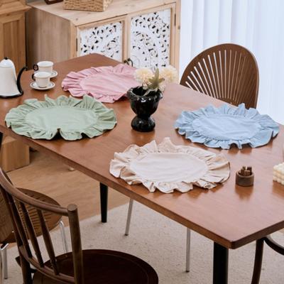 Rustic Placemat Pure Color Round Shape Ruffled Trim Afternoon Tea Placemat Soft Washed Cotton Table Mat Dining Kitchen Party Rustic Table Decor