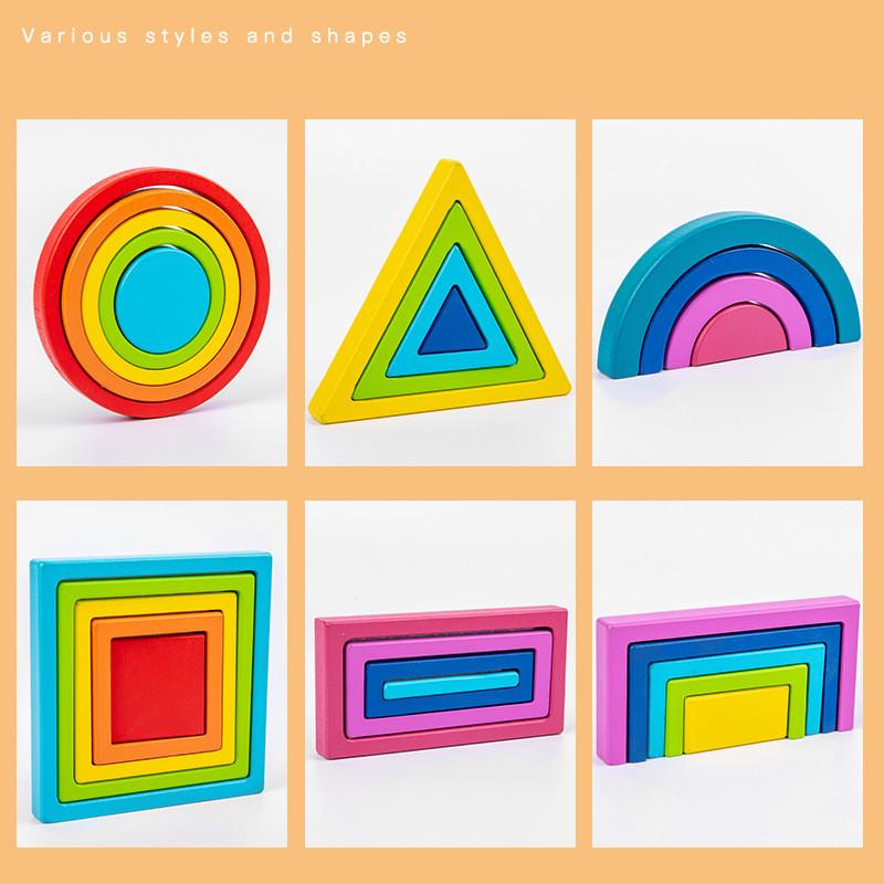 Wooden Geometric Rainbow Blocks For Toddler Learning Cognitive Development Set