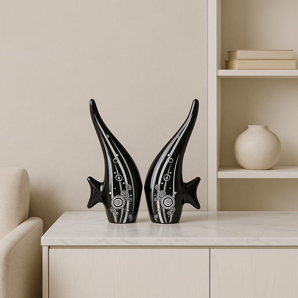 Modern Minimalist Black Bubble Fish Art Figure|Beautiful Home Decor-(Set of 2 Pc,Black)