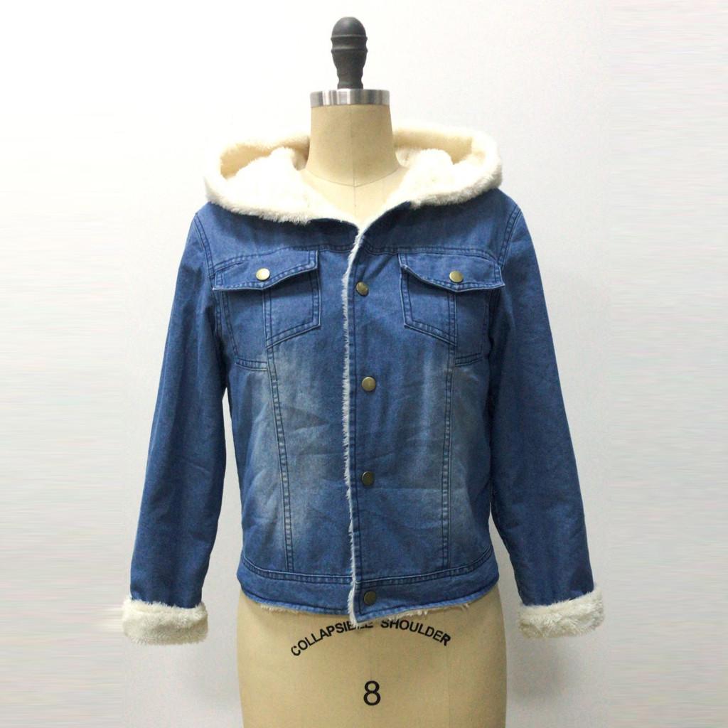 Jachetă de damă casual cu mânecă lungă din fleece denim, cu glugă și închizătoare cu capse, palton din blugi
