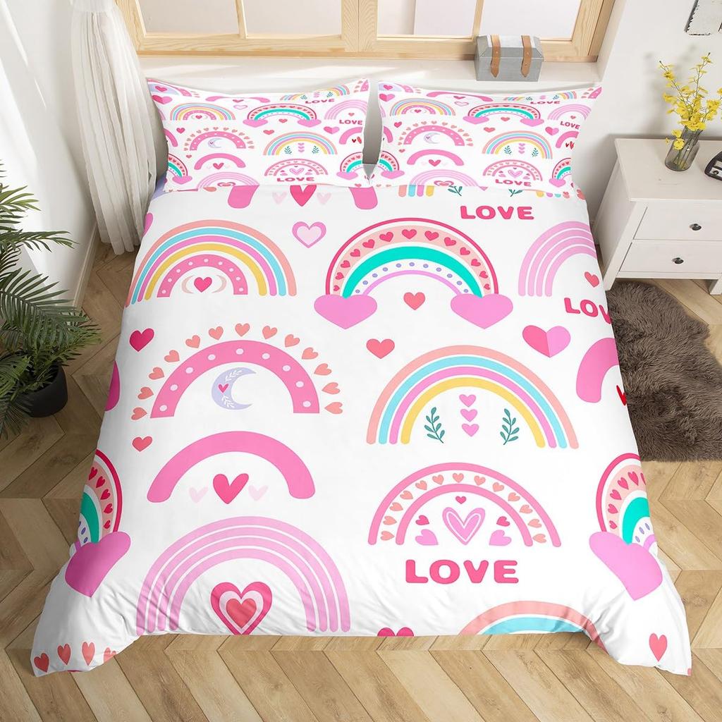Kawaii Rainbow Duvet Cover Cartoon Iridescent Print Bedding Set For Girls Kids Room Twin,Cute Stars Clouds Decor Comforter Cover