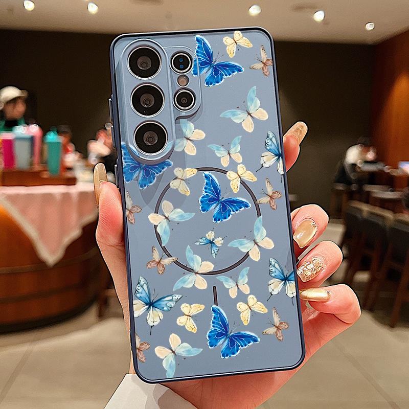 

Colorful Butterfly Pattern Case For Samsung S26 Edge S25 FE S24 Plus S23 S22 Ultra A15 A16 A17 A35 A36 A37 A54 A55 A56 A57 5G Magnetic Matte Cover Samsung S23 Ultra синий