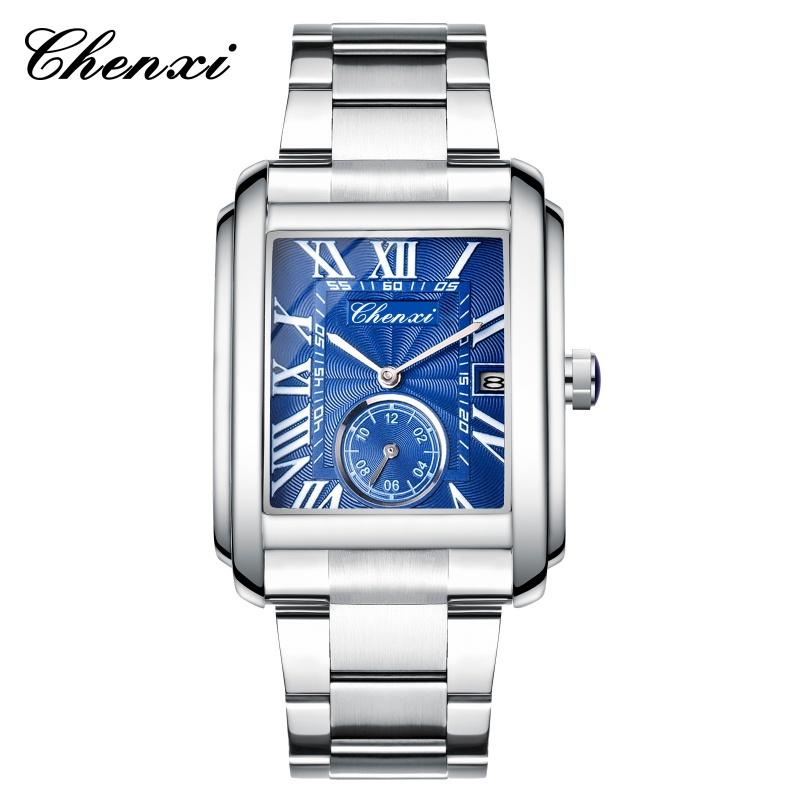 CHENXI 8216 Men's Quartz Watches Fashion Business Simple Silvery Stainless Steel Strap Square Wristwatches for Male Gift