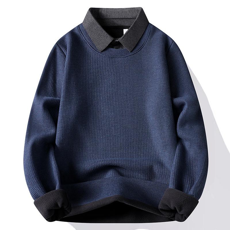 Mens Fleece Lined Waffle Knit Fake Two Piece Shirt Collar Pullover Sweatshirt