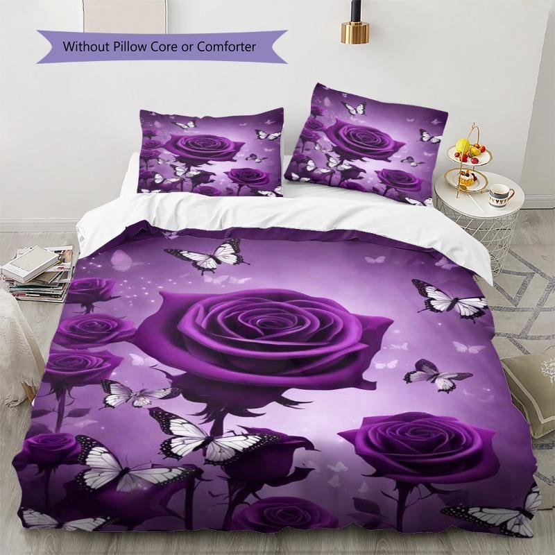 Purple Rose Flower White Butterfly Glitter Print 3 Pieces Duvet Cover Set Floral Nature Bedding Bedroom Home Decor Without Pillow Core Comforter