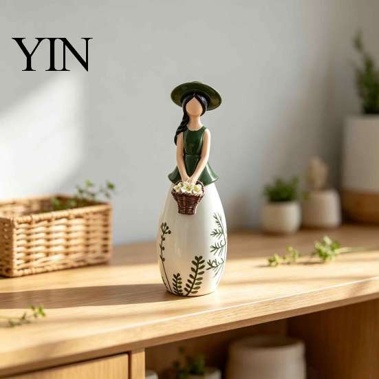Decorative Vase for Dried Flowers Nordic Style Resin Girl Figurine with Flower Basket, Creative Desktop Ornament Soft Furnishings Home Decor,