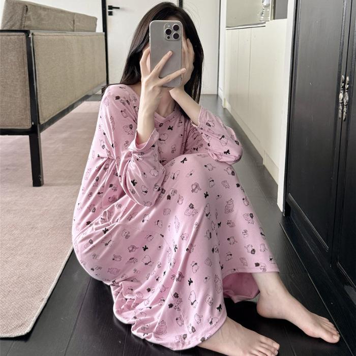 

New nightgown women s spring and autumn long-sleeved modal cat autumn and winter thin pajamas loungewear with chest pad 175(XXL)