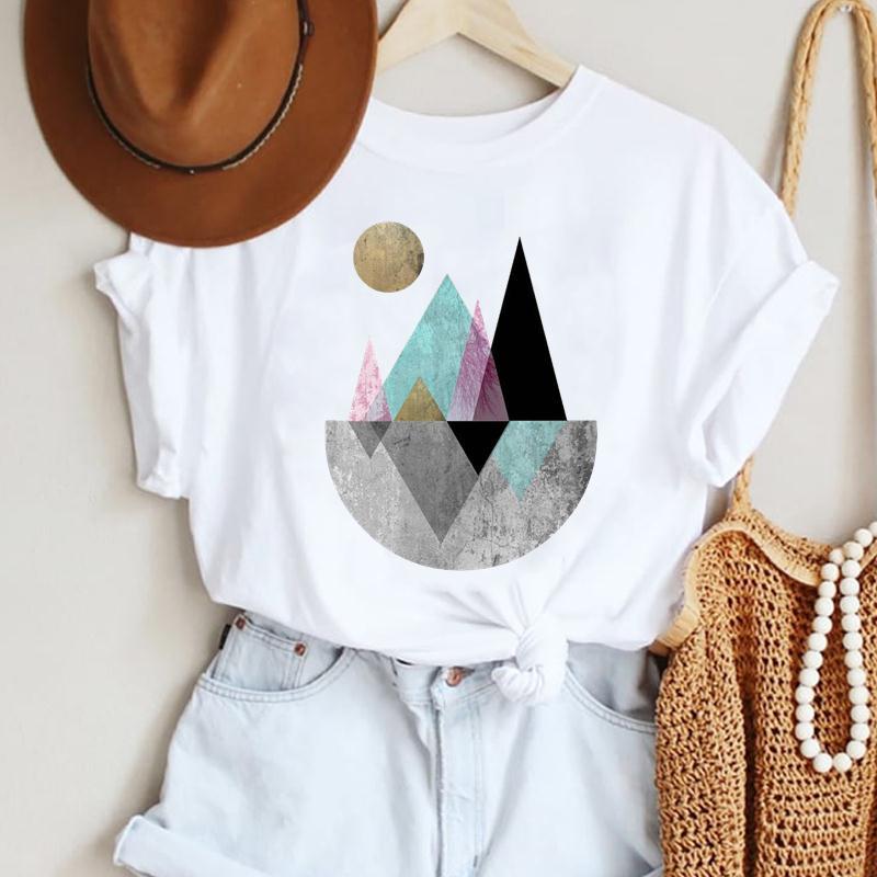 Fashion Casual Landscape Mountain Graphics Womens T-Shirt 90S Summer Blouse Loose White Short Sleeve O-Neck Female Tops Clothing