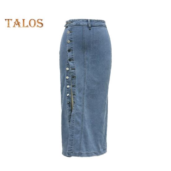 

Женская джинсовая юбка с высокой талией, планкой на пуговицах, однотонная юбка миди с неровным разрезом, юбка длиной до середины икры M светло-синий