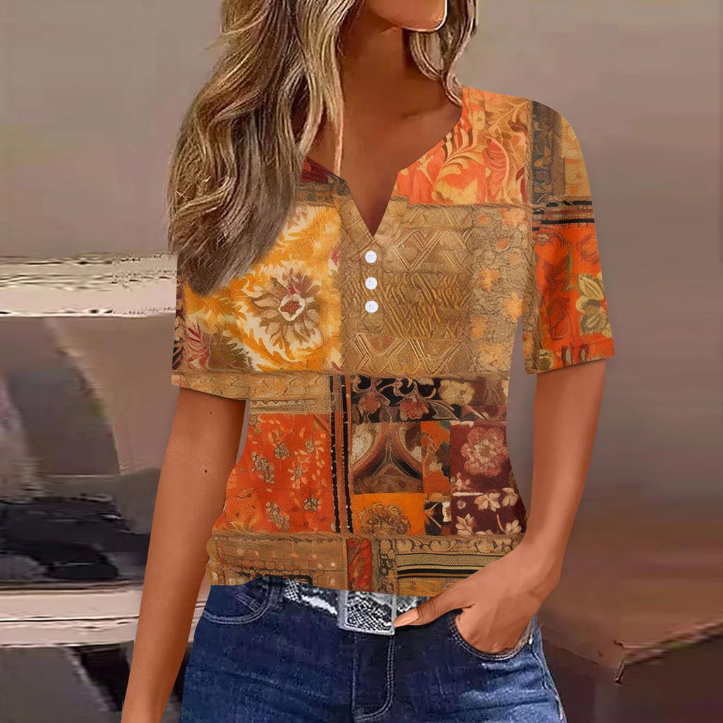 Women's T Shirt Print Button Short Sleeve Daily Weekend Fashion Basic V-Neck Regular Top