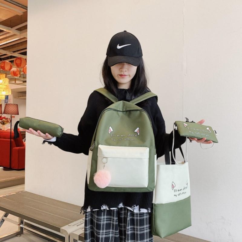 4pcs Student Backpack Fashion Trend Four Piece Set Solid Color Backpack Large Capacity Canvas Wear-resistant Breathable Women's Backpack Travel Bag