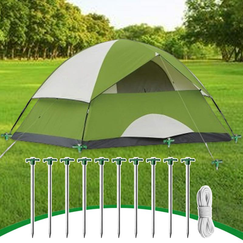 Tent Ground Pegs 10-piece Heavy Duty T-Shaped Pegs With 4 Ropes For Campsite 10.25-Inch Ground Spikes For Camping Backyard Lawn