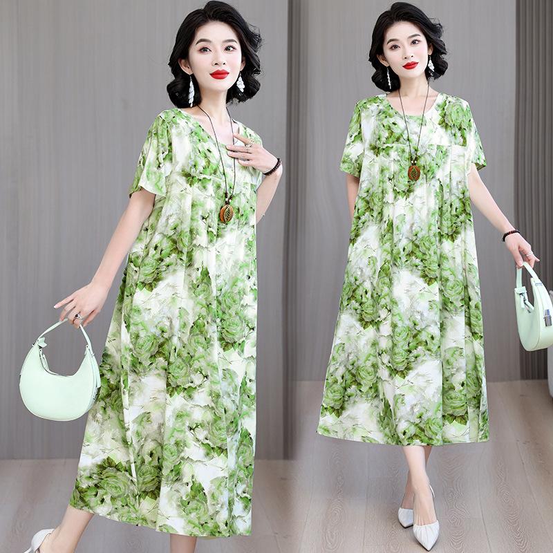 Cotton Silk Dress Women's Summer Large Size Temperament Loose Printing Casual Cotton and Linen Long Skirt