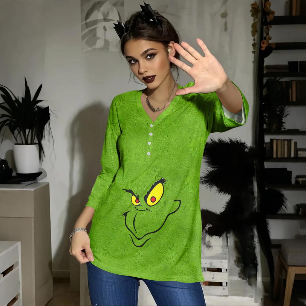 Women's Casual Fashion Sexy Comfortable Christmas Print V-Neck Button Three-quarter Sleeve Top