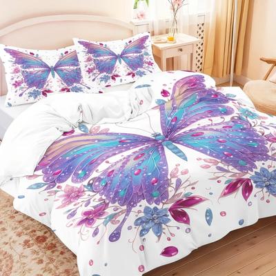 3pcs Pink Floral Butterfly Pattern Duvet Cover Set, 1 Duvet Cover+2 Pillowcases, Coreless. Soft and Comfortable Bedding Set