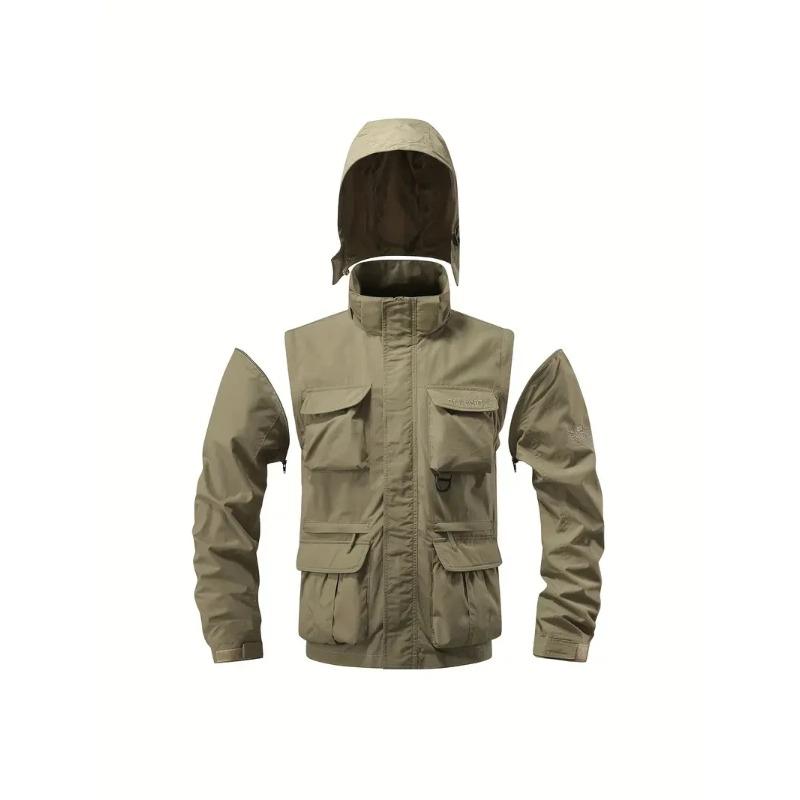 Detachable windproof sleeved hooded jacket suitable for outdoor activities men's casual waterproof multi pocket jacket vest