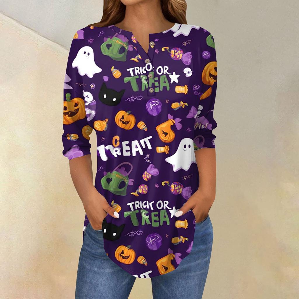 Women's Fashion Loose Button Collar Halloween Print Long Sleeve T-Shirt Top Pullover