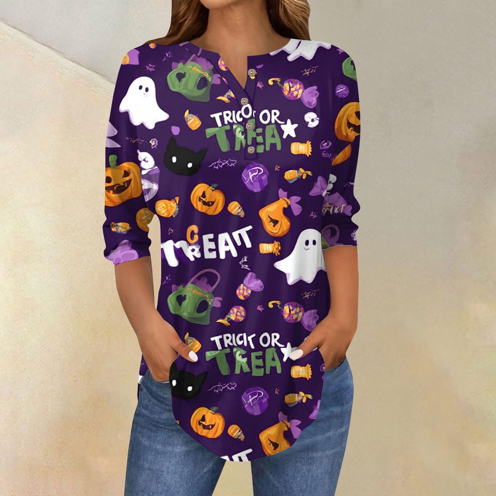 

Женская модная свободная футболка с пуговицами на воротнике, с принтом на Хэллоуин, с длинным рукавом, топ, пуловер XL