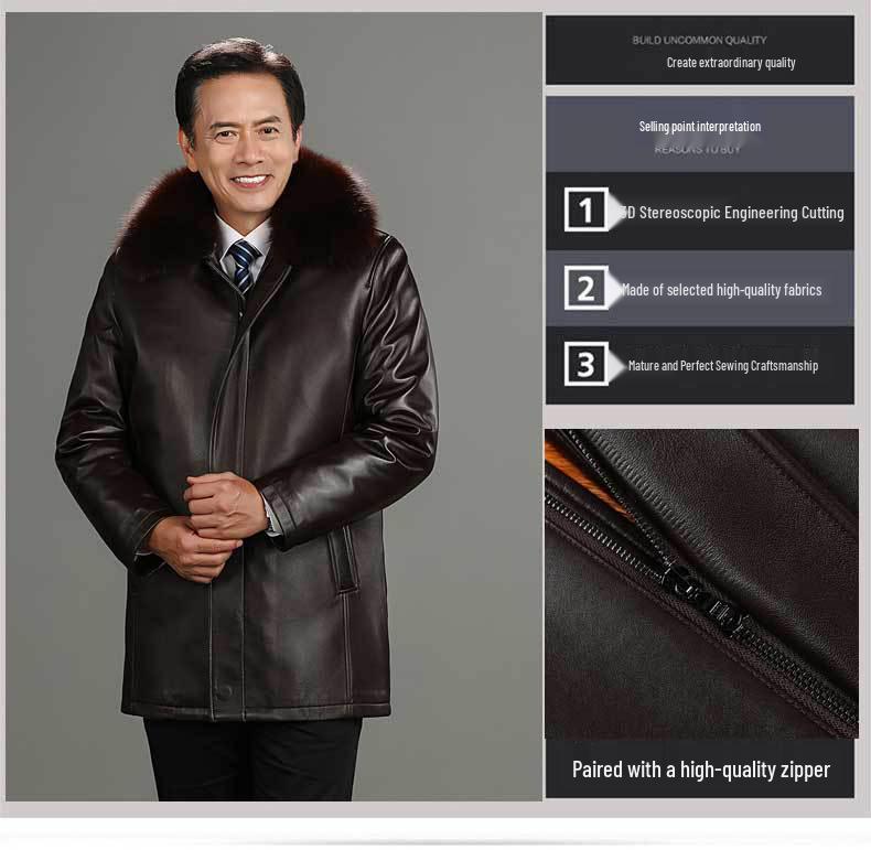 Men's Mid-Length Leather Coat with Fox Fur Collar and Detachable Rabbit Fur Liner – Thick, Warm, Plus Size Jacket for Mid-Aged and Elderly.