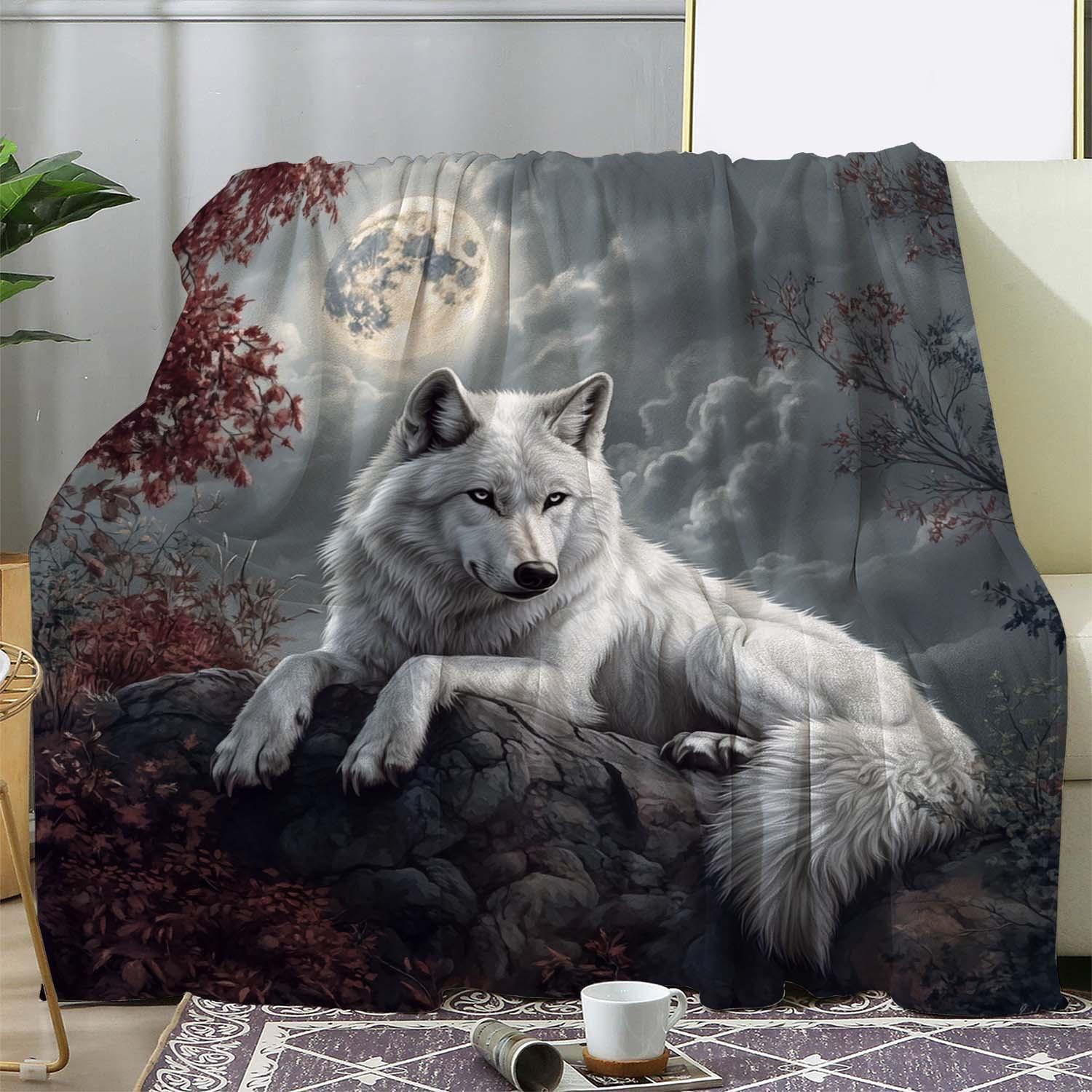 Vintage Wolf Moon White Wolf Flannel Blanket - Thick Plush Bed Cover - Soft Cozy All-Season for Sofa, Bed, Camping, Travel 75X95CM