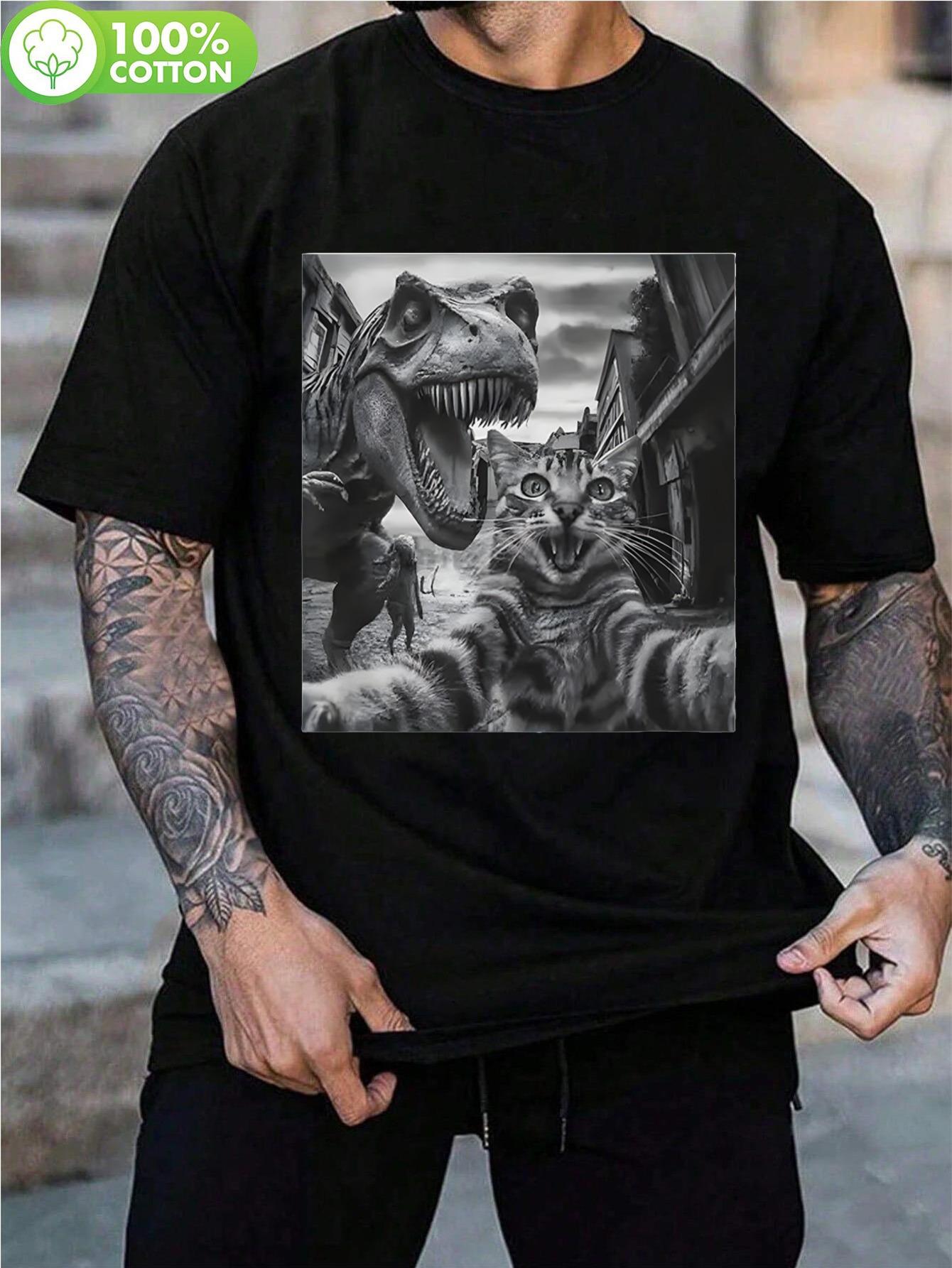 

1pc Affilante 100% Cotton Retro Graphic T-shirt - Black Short Sleeve Casual Tee with Dinosaur & Tiger Print M