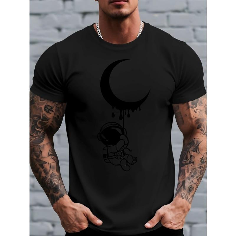 

European Size Astronaut Moon-Themed Creative Cartoon Print Comfortable Men S Round Neck Short-Sleeve T-Shirt, Suitable for Outdoor Activities 4XL