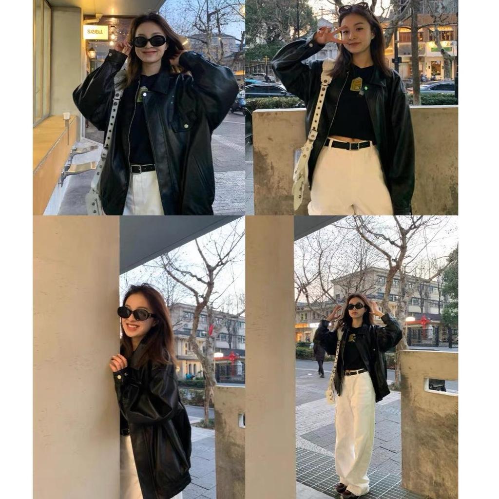 2025 Women's Retro Faux Leather Motorcycle Jacket - Short, Loose Fit with Zipper and Lapel