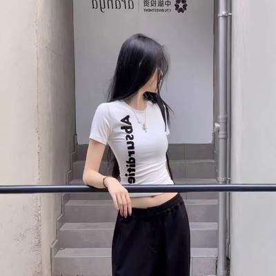 White American Letter Front Shoulder Summer Short-sleeved T-shirt Women's New Spice Girl Slim-fit Tight Waist Short Top