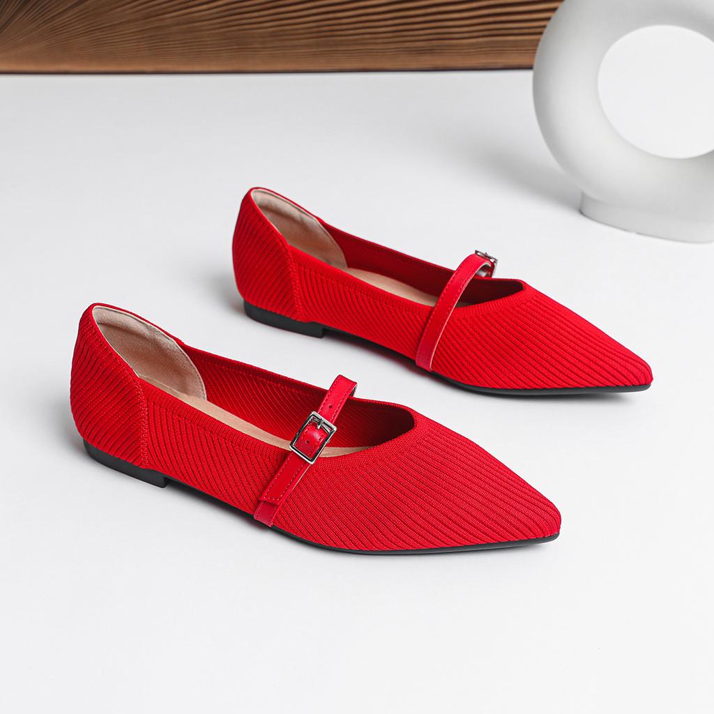 Women Mary Jane Shoes Pointed Toe 2026 Spring Shallow Cross Strap Women Dress Shoes Breathable Knitted Mid-heel Shoes Ladies
