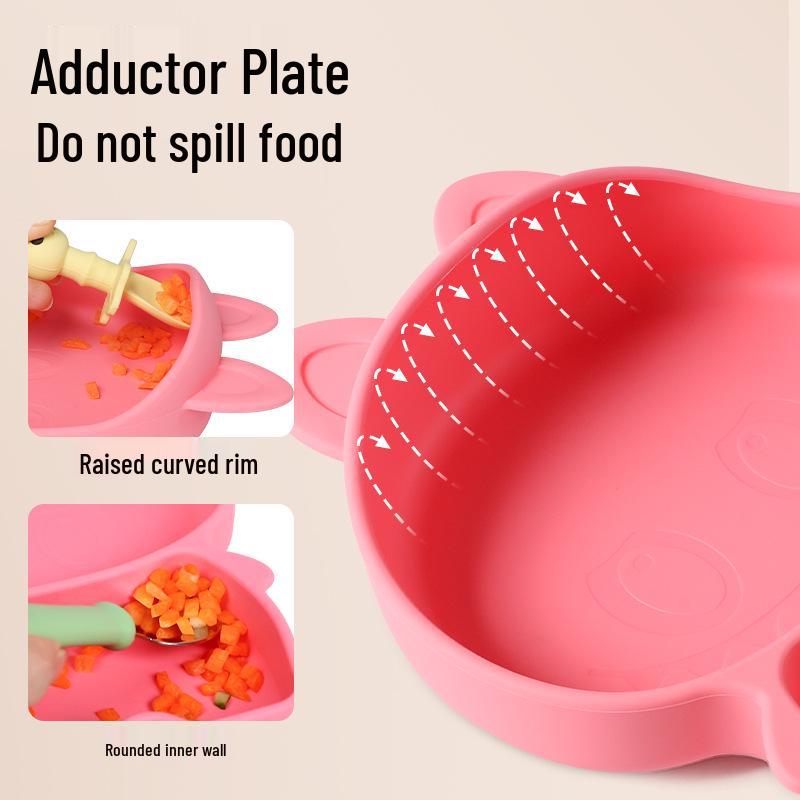 Baby Silicone Dinnerware Set: Silicone Bowl, Cartoon Plate, Bib, Divided Stainless Steel Spoon, Fork, Cup.