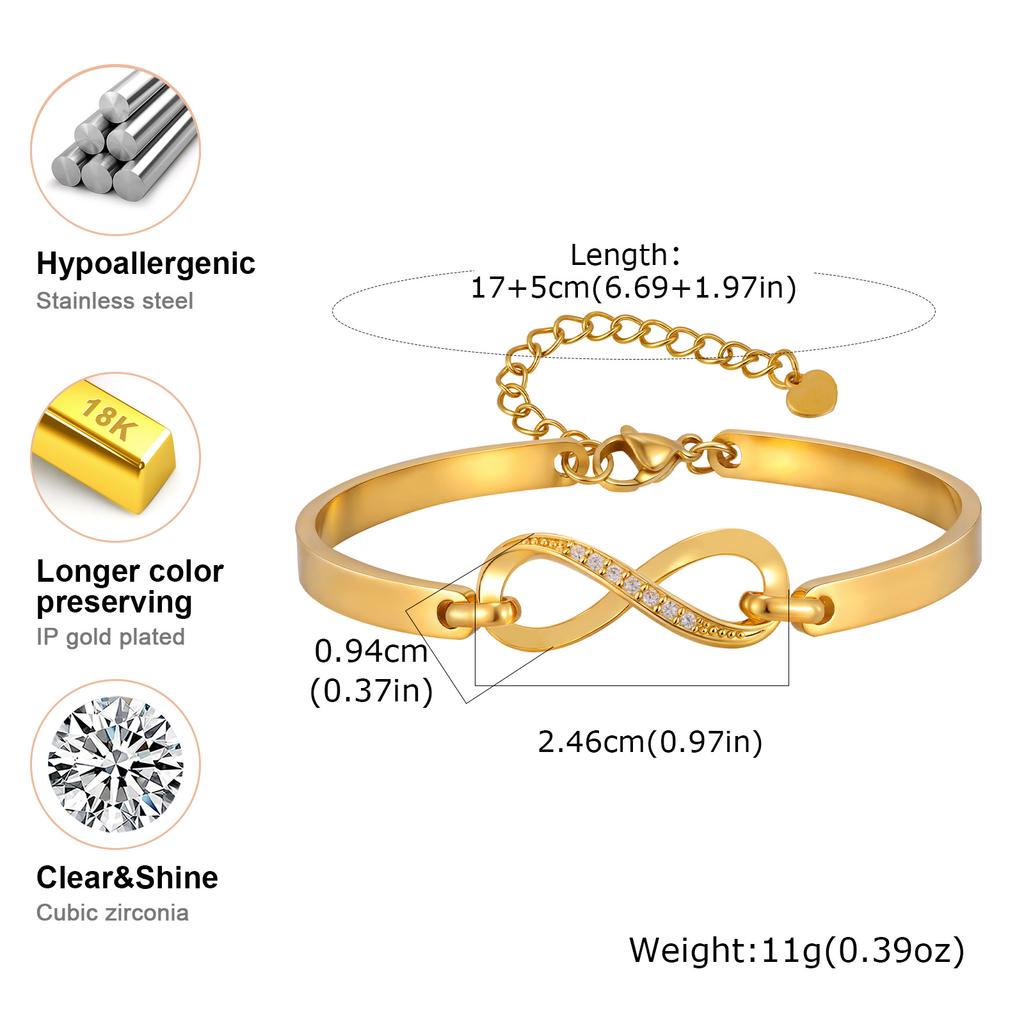 Luxury Zircon Endless Love Infinity Symbol Bracelet for Women, Stainless Steel Adjustable Bangle, Fashion Party Jewelry Gifts