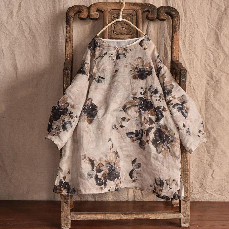 Johnature O-Neck Spring Ramie Button Long Sleeve Original Blouses Long Shirts