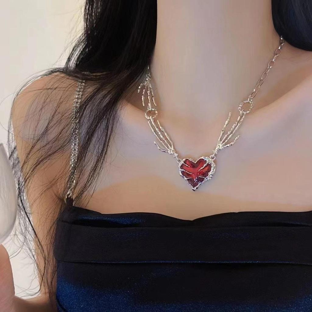Dark Red Ghost Claw Pendant Necklace - Bold, Niche Design for Women