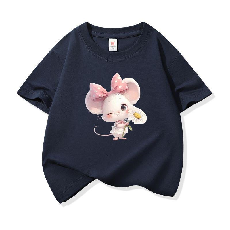 Kids Cotton T Shirt Adorable Mouse With Bow  Flower Print Crew Neck Short Sleeve Tee Casual Boys Girls Summer Tops
