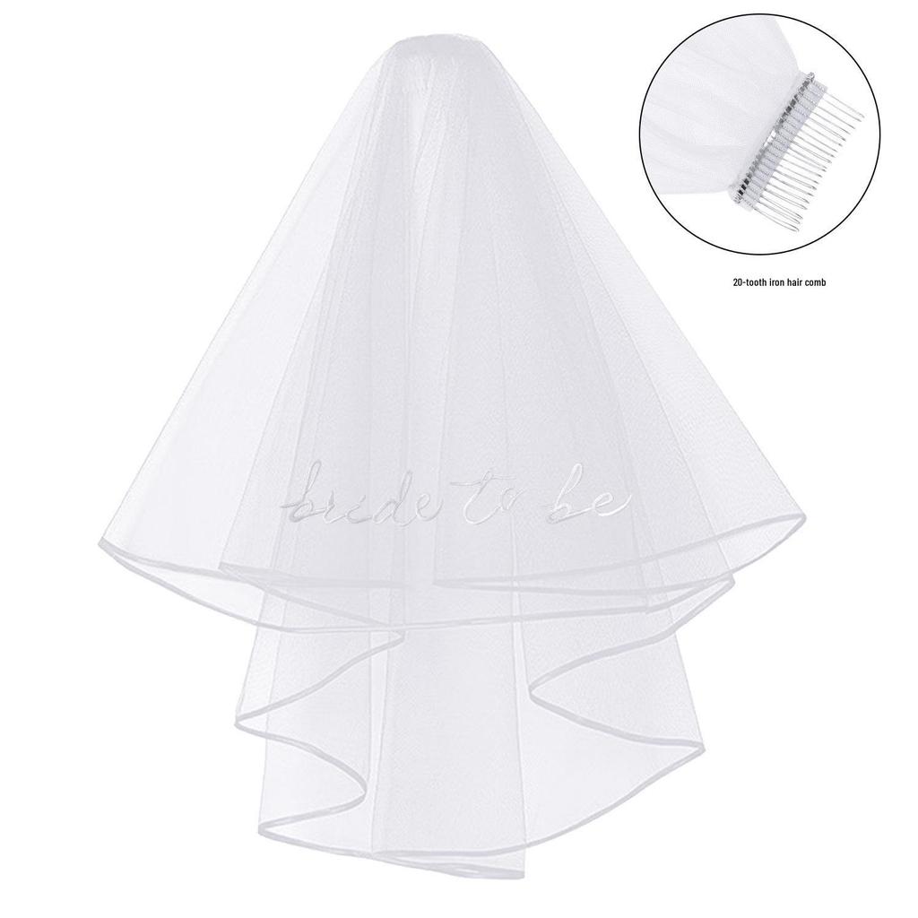 Velo da Sposa a Doppio Strato Ricamato con Perle e Strass con Pettine sul Bordo