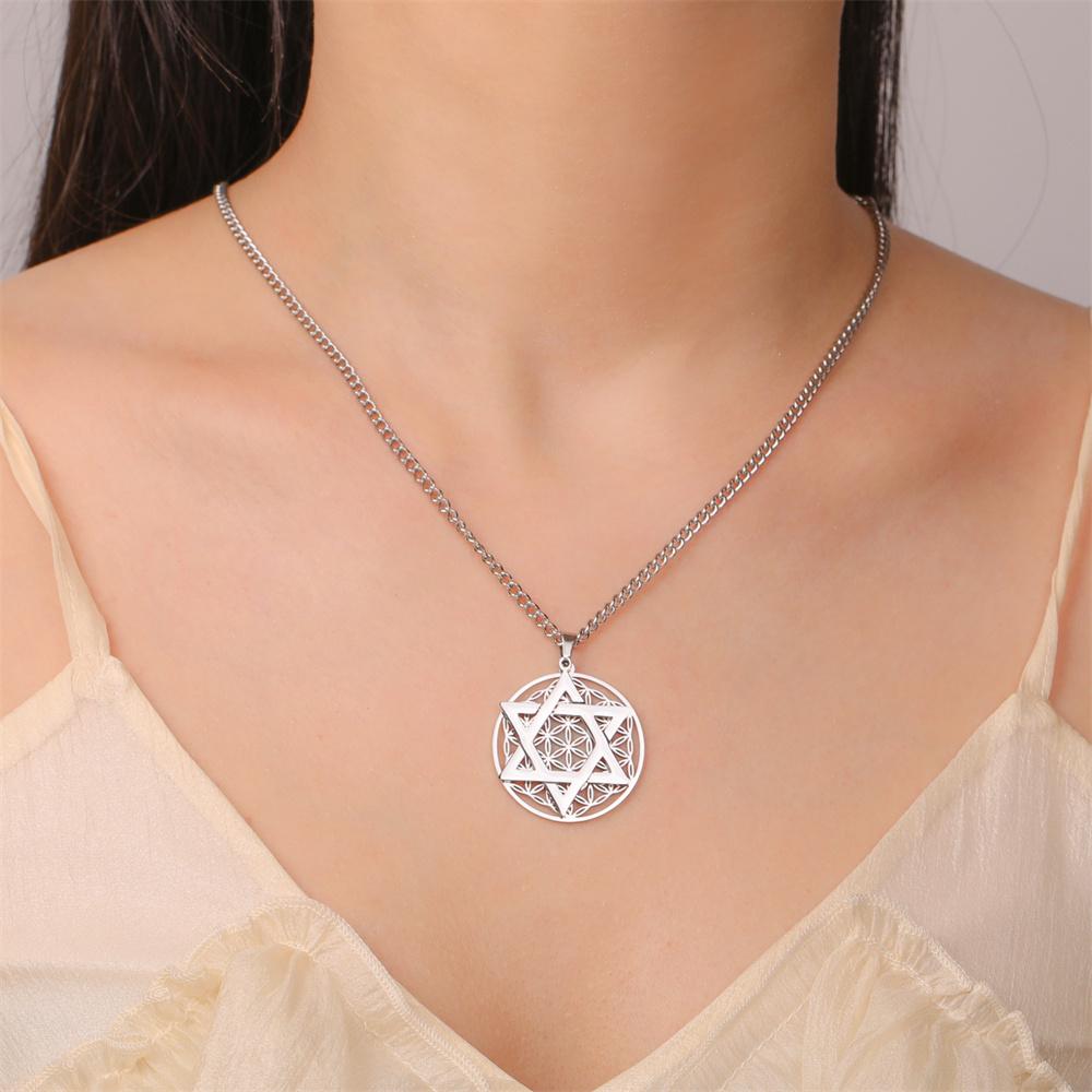 My Shape Flower of Life Star of David Pendant Necklace for Women Men Je Six-pointed Star Charm Chain Stainless Steel Jewelry