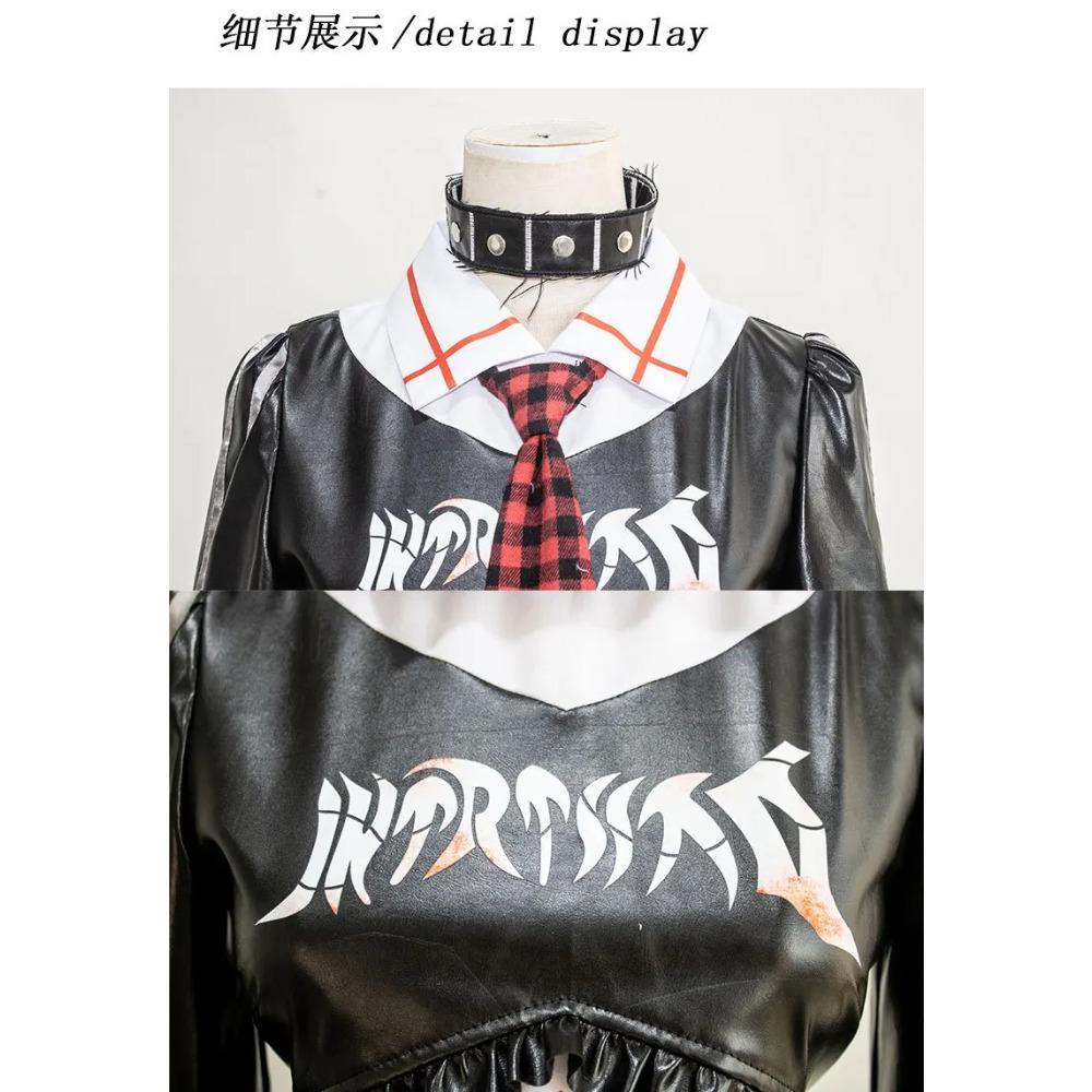 Anime Punk Plaid Cosplay Full Set Black Faux Leather Crop Top Layer Skirt Wig Choker Hat Eye Mask Halloween Women Party Costume