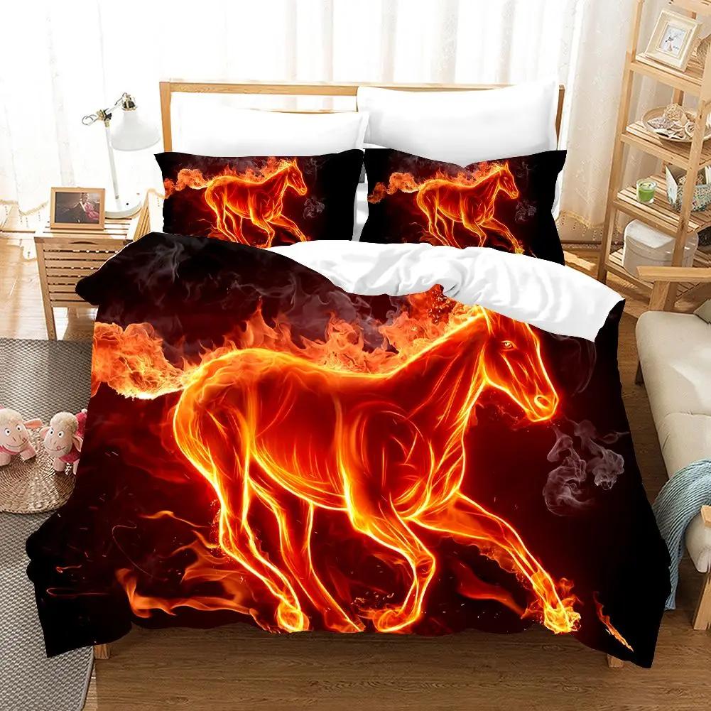 Ice And Fire Riding Horse Duvet Cover Set King SizeFlame Horsing Bedding SetWestern Cowboy Exotic Farmhouse Comforter Cover