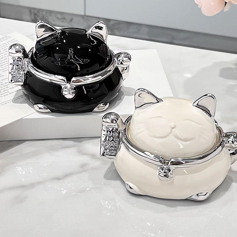 Zhaocai Cat Ashtray with Lid Anti Fly Creative Living Room Home Office Ceramic Ashtray Decoration for Boyfriend Ashtrays