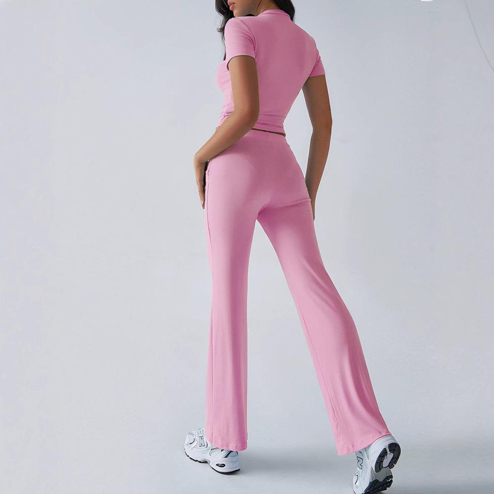 2025 European & American Women's Spring/Summer Solid Color Round Neck Set - Short Sleeve Top & Long Pants